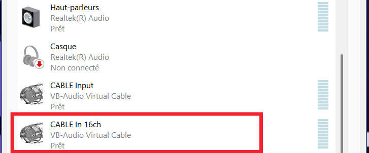 Liste des périphériques de lecture avec CABLE In 16ch sélectionné