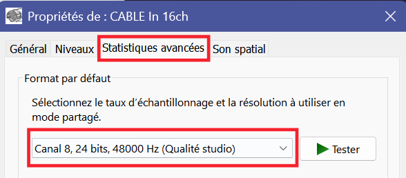 Statistiques avancées — Canal 8, 24 bits, 48000 Hz Qualité studio