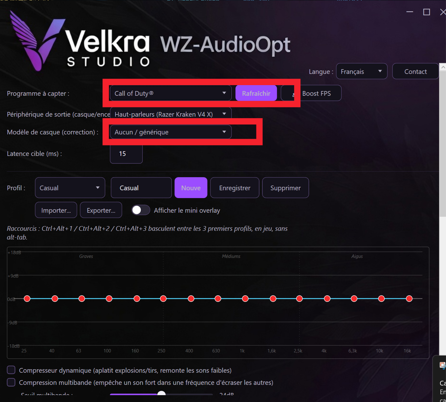 Interface WZ-AudioOpt — modèle de casque et programme à capter